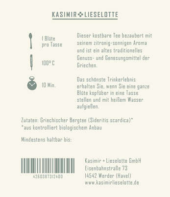 Sie sehen eine Packung Kasimir + Lieselotte – Griechischer Bergtee 50 g, Produktbild: 03 Kasimir + Lieselotte – Griechischer Bergtee 50 g, A-Nr.: 5426643 - 03