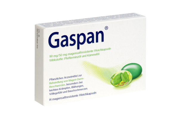 Sie sehen eine Packung Gaspan® 90 mg/50 mg Weichkapseln, Produktbild: 01 Gaspan® 90 mg/50 mg Weichkapseln, A-Nr.: 4979601 - 01