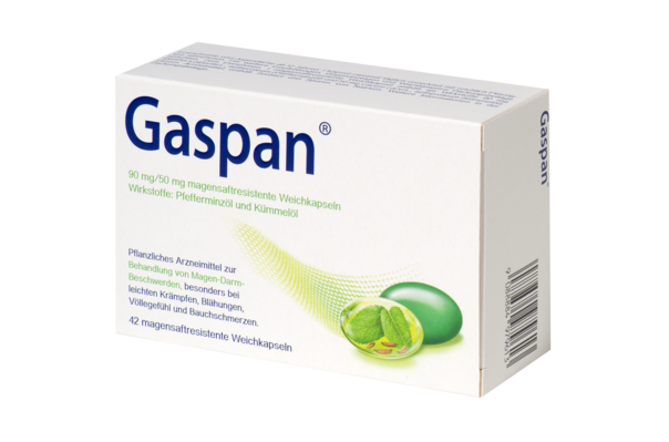 Sie sehen eine Packung Gaspan® 90 mg/50 mg Weichkapseln, Produktbild: 02 Gaspan® 90 mg/50 mg Weichkapseln, A-Nr.: 4979618 - 02