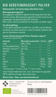 Sie sehen eine Packung Kasimir + Lieselotte Bio Gerstengrassaft Pulver, Produktbild: 03 Kasimir + Lieselotte Bio Gerstengrassaft Pulver, A-Nr.: 5616639 - 03