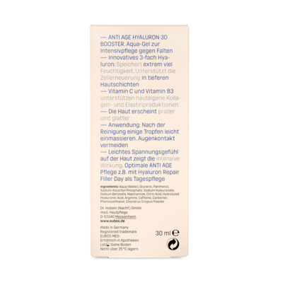 Sie sehen eine Packung Eubos Anti Age Hyaluron 3D Booster 30ml, Produktbild: 05 Eubos Anti Age Hyaluron 3D Booster 30ml, A-Nr.: 4526207 - 05