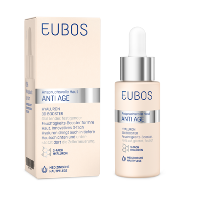 Sie sehen eine Packung Eubos Anti Age Hyaluron 3D Booster 30ml, Produktbild: 06 Eubos Anti Age Hyaluron 3D Booster 30ml, A-Nr.: 4526207 - 06