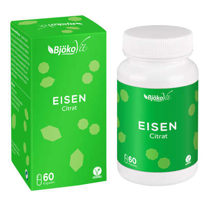 Sie sehen eine Packung BjökoVit Eisen citrat Kapseln vegan, Produktbild: 01 BjökoVit Eisen citrat Kapseln vegan, A-Nr.: 5174578 - 01