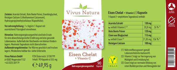 Sie sehen eine Packung Eisen Chelat + Vitamin C Kapseln, Produktbild: 01 Eisen Chelat + Vitamin C Kapseln, A-Nr.: 5758799 - 01