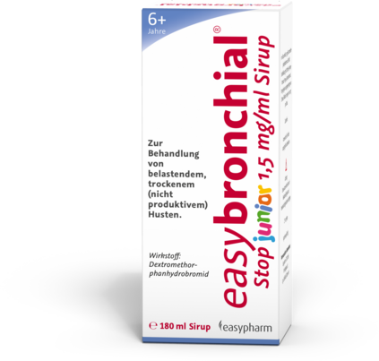 Sie sehen eine Packung easybronchial stop junior 1,5 mg/ml Sirup, Produktbild: 02 easybronchial stop junior 1,5 mg/ml Sirup, A-Nr.: 4450728 - 02
