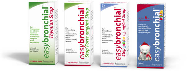 Sie sehen eine Packung easybronchial stop junior 1,5 mg/ml Sirup, Produktbild: 03 easybronchial stop junior 1,5 mg/ml Sirup, A-Nr.: 4450728 - 03