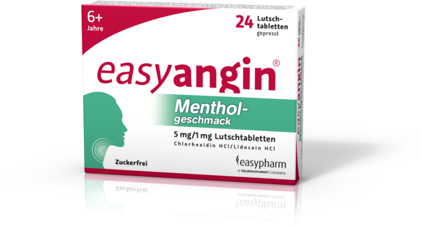 Sie sehen eine Packung easyangin mit Mentholgeschmack 5mg/1mg Lutschtabletten, Produktbild: 01 easyangin mit Mentholgeschmack 5mg/1mg Lutschtabletten, A-Nr.: 3913706 - 01