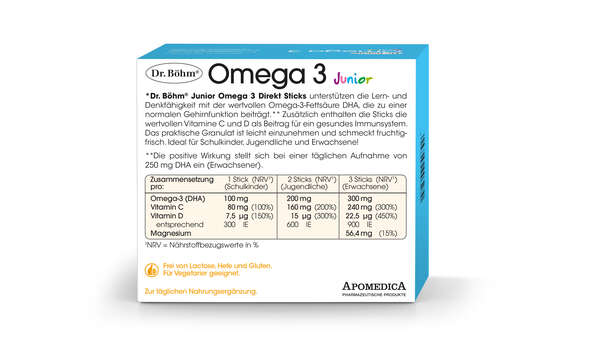 Sie sehen eine Packung Dr. Böhm Junior Omega 3 Sticks, Produktbild: 03 Dr. Böhm Junior Omega 3 Sticks, A-Nr.: 4143357 - 03