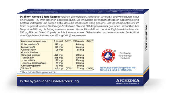 Sie sehen eine Packung Dr. Böhm Omega 3 forte, Produktbild: 03 Dr. Böhm Omega 3 forte, A-Nr.: 3039505 - 03