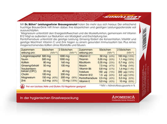 Sie sehen eine Packung Dr. Böhm Leistungselixier Brausegranulat, Produktbild: 03 Dr. Böhm Leistungselixier Brausegranulat, A-Nr.: 4555315 - 03