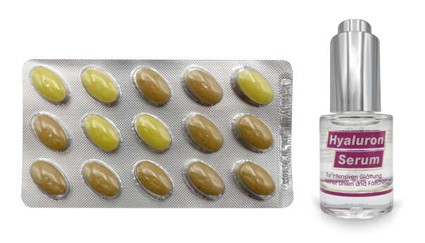 Sie sehen eine Packung Dr. Böhm Hyaluron complex Tabletten + Hyaluron Serum, Produktbild: 04 Dr. Böhm Hyaluron complex Tabletten + Hyaluron Serum, A-Nr.: 4835552 - 04