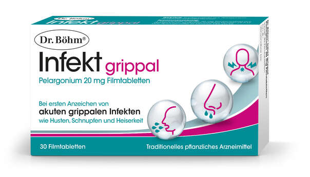 Sie sehen eine Packung Dr. Böhm Infekt grippal Pelargonium, Produktbild: 01 Dr. Böhm Infekt grippal Pelargonium, A-Nr.: 4987888 - 01