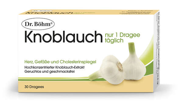 Sie sehen eine Packung Dr. Böhm Knoblauch nur 1 Dragee täglich, Produktbild: 01 Dr. Böhm Knoblauch nur 1 Dragee täglich, A-Nr.: 1520316 - 01