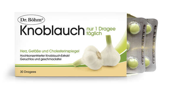Sie sehen eine Packung Dr. Böhm Knoblauch nur 1 Dragee täglich, Produktbild: 02 Dr. Böhm Knoblauch nur 1 Dragee täglich, A-Nr.: 1520316 - 02