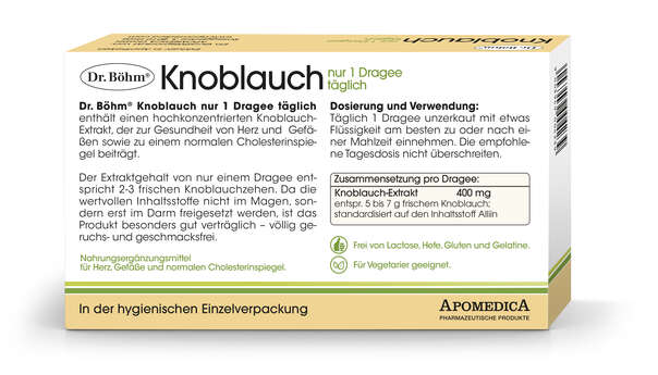 Sie sehen eine Packung Dr. Böhm Knoblauch nur 1 Dragee täglich, Produktbild: 03 Dr. Böhm Knoblauch nur 1 Dragee täglich, A-Nr.: 1520316 - 03