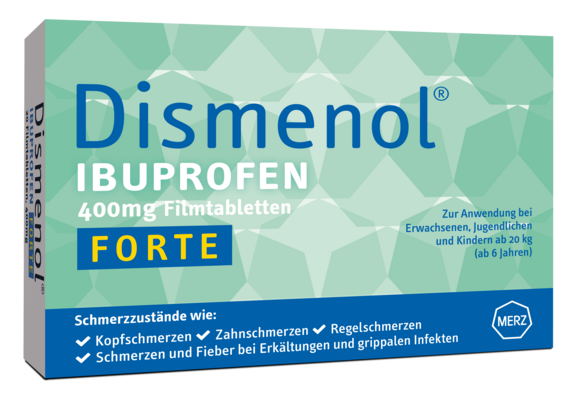 Sie sehen eine Packung Dismenol Ibuprofen FORTE 400mg, Produktbild: 01 Dismenol Ibuprofen FORTE 400mg, A-Nr.: 3924242 - 01