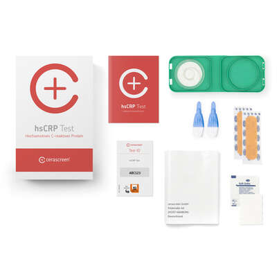 Sie sehen eine Packung cerascreen hsCRP Test, Produktbild: 02 cerascreen hsCRP Test, A-Nr.: 5638434 - 02