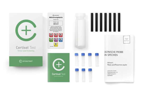 Sie sehen eine Packung cerascreen Cortisol Test, Produktbild: 02 cerascreen Cortisol Test, A-Nr.: 4879058 - 02