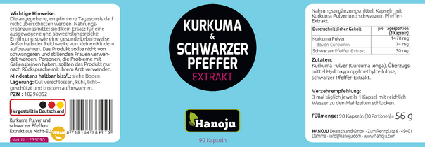 Hanoju Curcuma Pulver + Schwarzer Pfeffer Extrakt Kapseln, A-Nr.: 4255688 - 02