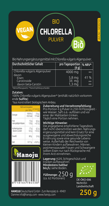 Sie sehen eine Packung Hanoju Chlorella Pulver Bio, Produktbild: 02 Hanoju Chlorella Pulver Bio, A-Nr.: 4384842 - 02