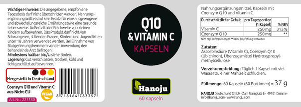 Sie sehen eine Packung Hanoju Coenzyme Q10 250mg + Vitamin C 250mg Kapseln, Produktbild: 02 Hanoju Coenzyme Q10 250mg + Vitamin C 250mg Kapseln, A-Nr.: 4256400 - 02