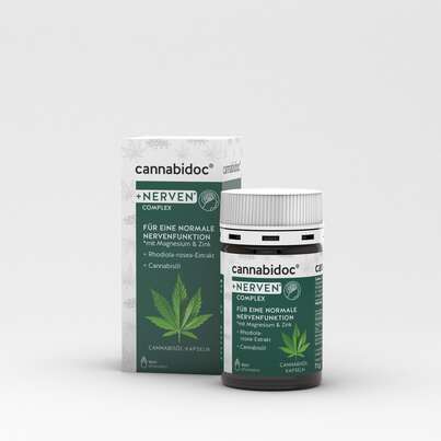 Sie sehen eine Packung cannabidoc® +NERVEN* COMPLEX, Produktbild: 02 cannabidoc® +NERVEN* COMPLEX, A-Nr.: 5607385 - 02