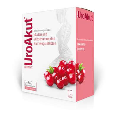 Sie sehen eine Packung Biogelat UroAkut D-Mannose plus Cranberry, Produktbild: 01 Biogelat UroAkut D-Mannose plus Cranberry, A-Nr.: 4333052 - 01