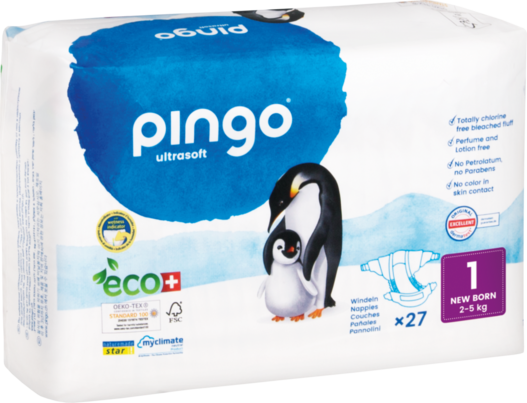 Sie sehen eine Packung Bio Windeln New Born 2-5kg Pinguin – Pingo Swiss, Produktbild: 01 Bio Windeln New Born 2-5kg Pinguin – Pingo Swiss, A-Nr.: 4559514 - 01