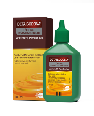 Sie sehen eine Packung Betaisodona® Lösung Standard 100 ml, Produktbild: 01 Betaisodona® Lösung Standard 100 ml, A-Nr.: 0721478 - 01