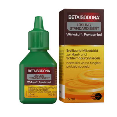 Sie sehen eine Packung Betaisodona® Lösung Standard 15 ml, Produktbild: 01 Betaisodona® Lösung Standard 15 ml, A-Nr.: 0721461 - 01
