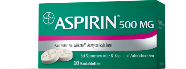 Sie sehen eine Packung Aspirin® 500 mg Kautabletten, Produktbild: 01 Aspirin® 500 mg Kautabletten, A-Nr.: 1286174 - 01