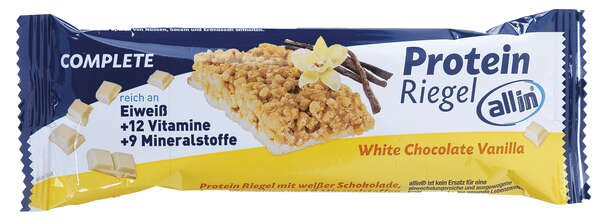 Sie sehen eine Packung all in® COMPLETE Protein Riegel White Chocolate Vanilla (25 x 40g), Produktbild: 01 all in® COMPLETE Protein Riegel White Chocolate Vanilla (25 x 40g), A-Nr.: 5332681 - 01