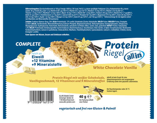 Sie sehen eine Packung all in® COMPLETE Protein Riegel White Chocolate Vanilla (25 x 40g), Produktbild: 02 all in® COMPLETE Protein Riegel White Chocolate Vanilla (25 x 40g), A-Nr.: 5332681 - 02