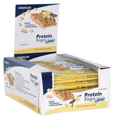 Sie sehen eine Packung all in® COMPLETE Protein Riegel White Chocolate Vanilla (25 x 40g), Produktbild: 03 all in® COMPLETE Protein Riegel White Chocolate Vanilla (25 x 40g), A-Nr.: 5332681 - 03
