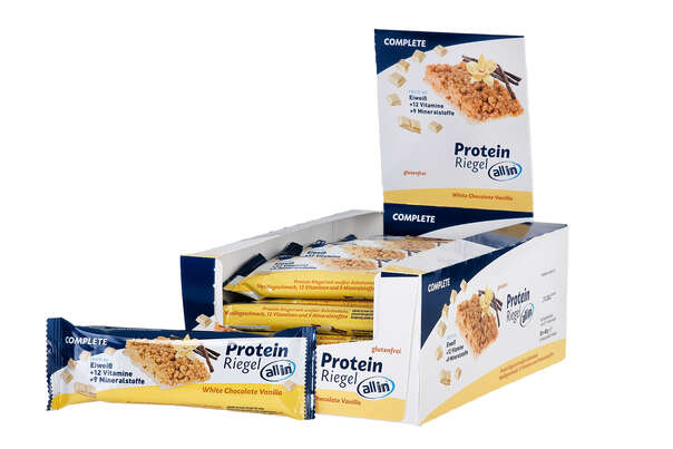 Sie sehen eine Packung all in® COMPLETE Protein Riegel White Chocolate Vanilla (25 x 40g), Produktbild: 04 all in® COMPLETE Protein Riegel White Chocolate Vanilla (25 x 40g), A-Nr.: 5332681 - 04