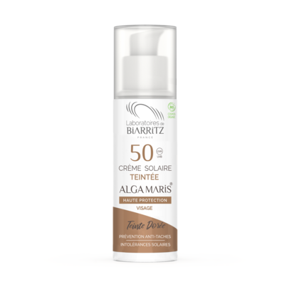 Sie sehen eine Packung Alga Maris getönte Sonnencreme bio für Gesicht LSF 50 golden LdB, Produktbild: 01 Alga Maris getönte Sonnencreme bio für Gesicht LSF 50 golden LdB, A-Nr.: 4630838 - 01