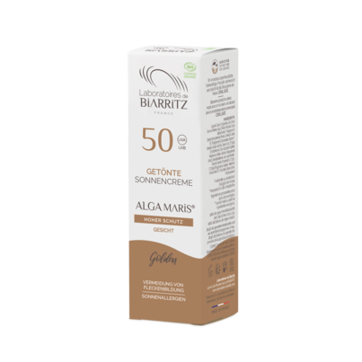 Sie sehen eine Packung Alga Maris getönte Sonnencreme bio für Gesicht LSF 50 golden LdB, Produktbild: 03 Alga Maris getönte Sonnencreme bio für Gesicht LSF 50 golden LdB, A-Nr.: 4630838 - 03