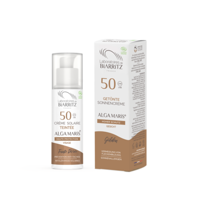 Sie sehen eine Packung Alga Maris getönte Sonnencreme bio für Gesicht LSF 50 golden LdB, Produktbild: 04 Alga Maris getönte Sonnencreme bio für Gesicht LSF 50 golden LdB, A-Nr.: 4630838 - 04