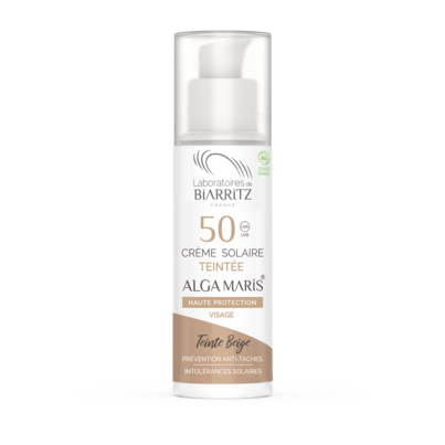 Sie sehen eine Packung Alga Maris getönte Sonnencreme bio für Gesicht LSF 50 beige LdB, Produktbild: 01 Alga Maris getönte Sonnencreme bio für Gesicht LSF 50 beige LdB, A-Nr.: 4610066 - 01