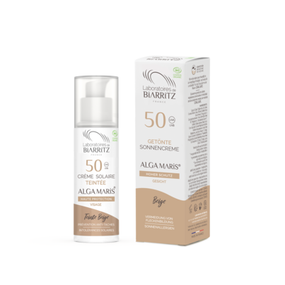 Sie sehen eine Packung Alga Maris getönte Sonnencreme bio für Gesicht LSF 50 beige LdB, Produktbild: 04 Alga Maris getönte Sonnencreme bio für Gesicht LSF 50 beige LdB, A-Nr.: 4610066 - 04