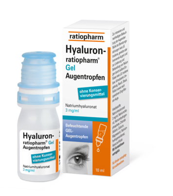 Sie sehen eine Packung Hyaluron-ratiopharm® Gel Augentropfen, Produktbild: 01 Hyaluron-ratiopharm® Gel Augentropfen, A-Nr.: 5429601 - 01