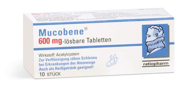 Sie sehen eine Packung Mucobene® 600 mg lösbare Tabletten, Produktbild: 01 Mucobene® 600 mg lösbare Tabletten, A-Nr.: 1342470 - 01
