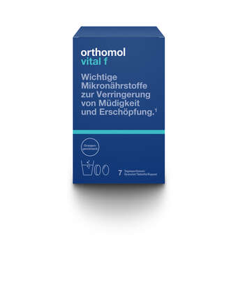 Sie sehen eine Packung Orthomol Vital f Granulat 7er, Produktbild: 01 Orthomol Vital f Granulat 7er, A-Nr.: 5795027 - 01