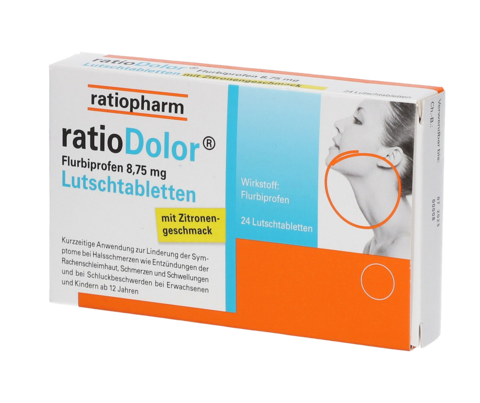 Sie sehen eine Packung ratioDolor® Flurbiprofen 8,75 mg Lutschtabletten, Produktbild: 01 ratioDolor® Flurbiprofen 8,75 mg Lutschtabletten, A-Nr.: 4468059 - 01