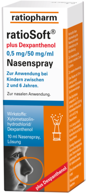 Sie sehen eine Packung ratioSoft® PLUS Dexpanthenol 0,5 mg Nasenspray, Produktbild: 01 ratioSoft® PLUS Dexpanthenol 0,5 mg Nasenspray, A-Nr.: 4214005 - 01