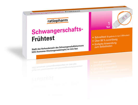 Sie sehen eine Packung Schwangerschafts-Frühtest ratiopharm, Produktbild: 01 Schwangerschafts-Frühtest ratiopharm, A-Nr.: 5374260 - 01
