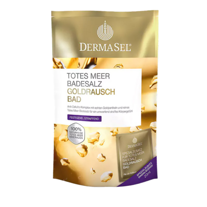 Sie sehen eine Packung DermaSel® Totes Meer Badesalz Goldrausch, Produktbild: 01 DermaSel® Totes Meer Badesalz Goldrausch, A-Nr.: 3869388 - 01