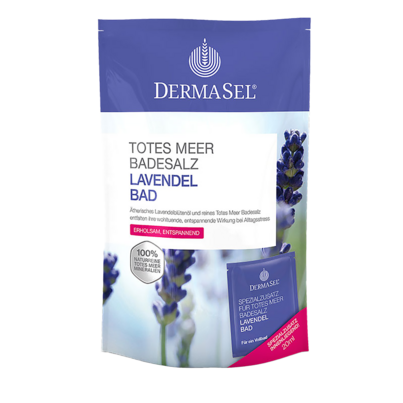 Sie sehen eine Packung DermaSel® Totes Meer Badesalz Lavendel Bad, Produktbild: 01 DermaSel® Totes Meer Badesalz Lavendel Bad, A-Nr.: 2579990 - 01