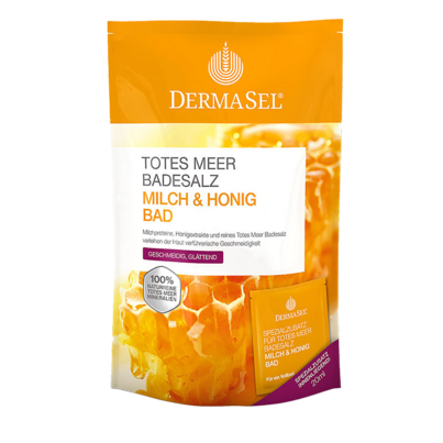 Sie sehen eine Packung DermaSel® Totes Meer Badesalz Milch& Honig, Produktbild: 01 DermaSel® Totes Meer Badesalz Milch& Honig, A-Nr.: 2699777 - 01