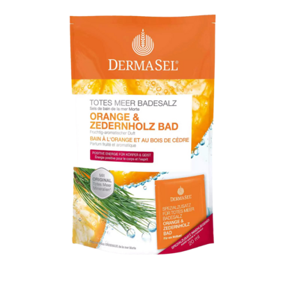 Sie sehen eine Packung DermaSel® Totes Meer Badesalz Orange & Zedernholz, Produktbild: 01 DermaSel® Totes Meer Badesalz Orange & Zedernholz, A-Nr.: 5565037 - 01